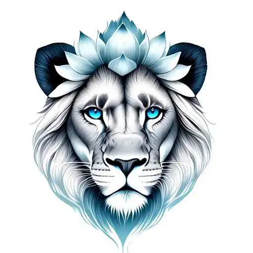 lion face blue eyes and lotus flower intertwined tattoo design idea