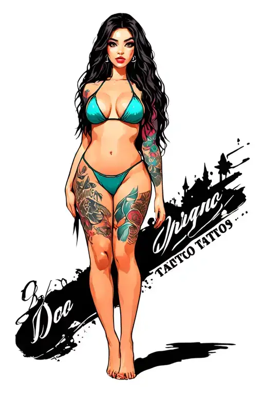 Sexy girl, petite, small boobs, wide hips, bikini . long hair,sexual. Seductive. Full Body, standing with legs and feet tattoo design idea