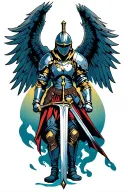 Armored war Angel with a helmet holding a sword tattoo design idea