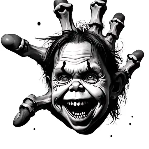 hand tatto chucky face on the hand and the fingers skeleton bones  tattoo design idea