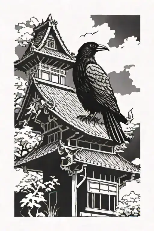 crow on a Japanese house tattoo design idea