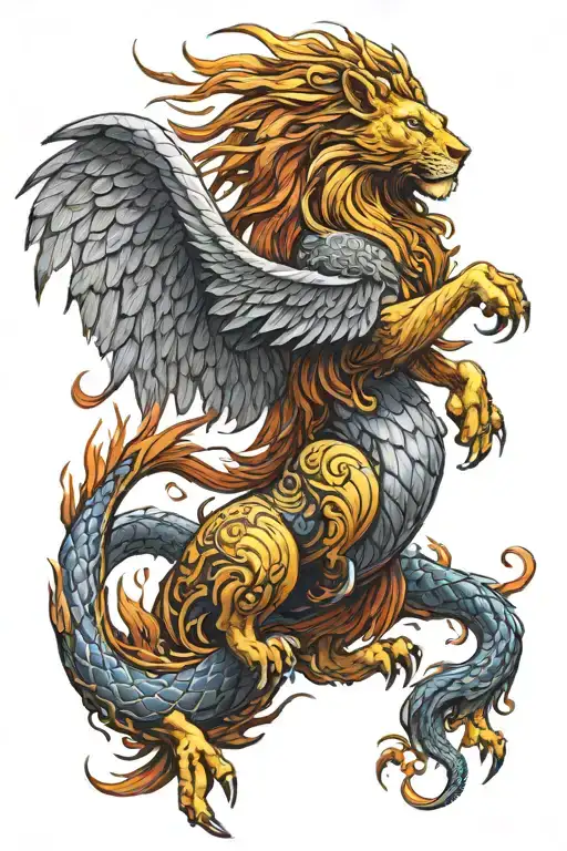 a lion with phoenix wings spread wide, a dragon tail and scales attached,flying  tattoo design idea