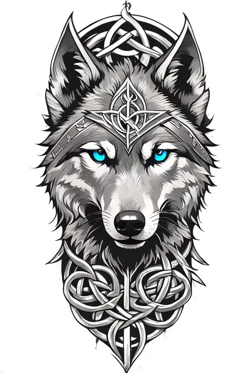 wolf with blue eyes on armor tattoo design featuring Celtic trinity knot clock tattoo design idea