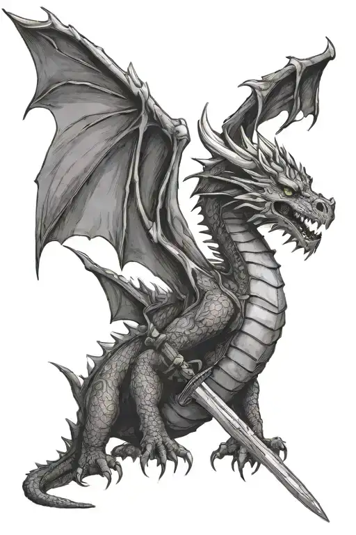 dragon outlined in bible verses carrying knight sword behind him. tattoo design idea
