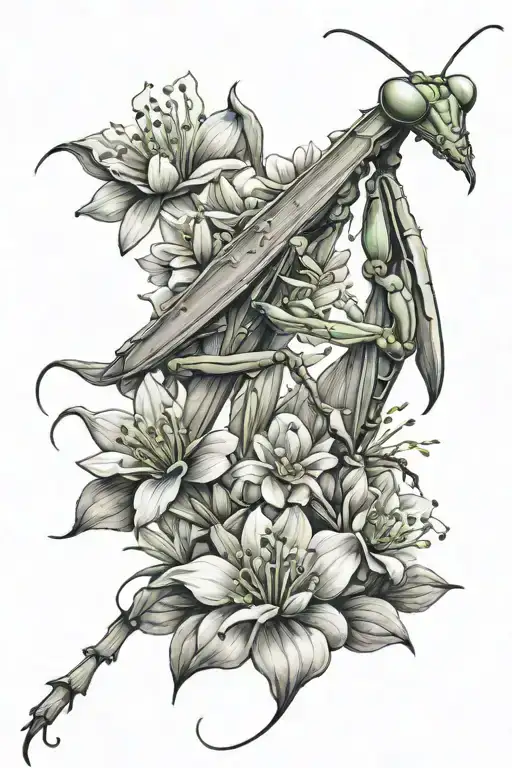 praying mantis with flowers tattoo design idea