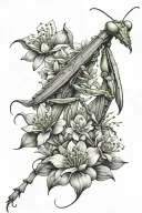 praying mantis with flowers tattoo design idea