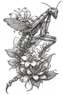 praying mantis with flowers tattoo design idea