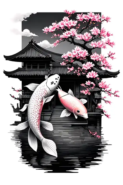 japanese architect, cherry blossom tree, koi fish tattoo design idea