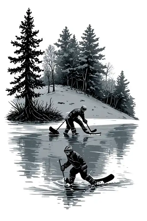 pond hockey scene with trees growing tattoo design idea