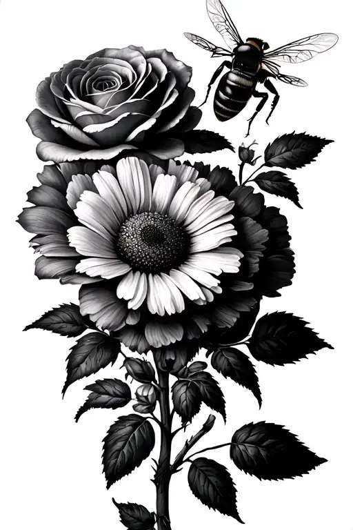 Realistic honey bee from behind, flying over a cluster of flowers, including roses, peonies, african daisies. tattoo design idea