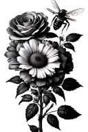 Realistic honey bee from behind, flying over a cluster of flowers, including roses, peonies, african daisies. tattoo design idea