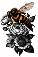 Realistic honey bee from behind, flying over a cluster of flowers, including roses, peonies, african daisies. tattoo design idea