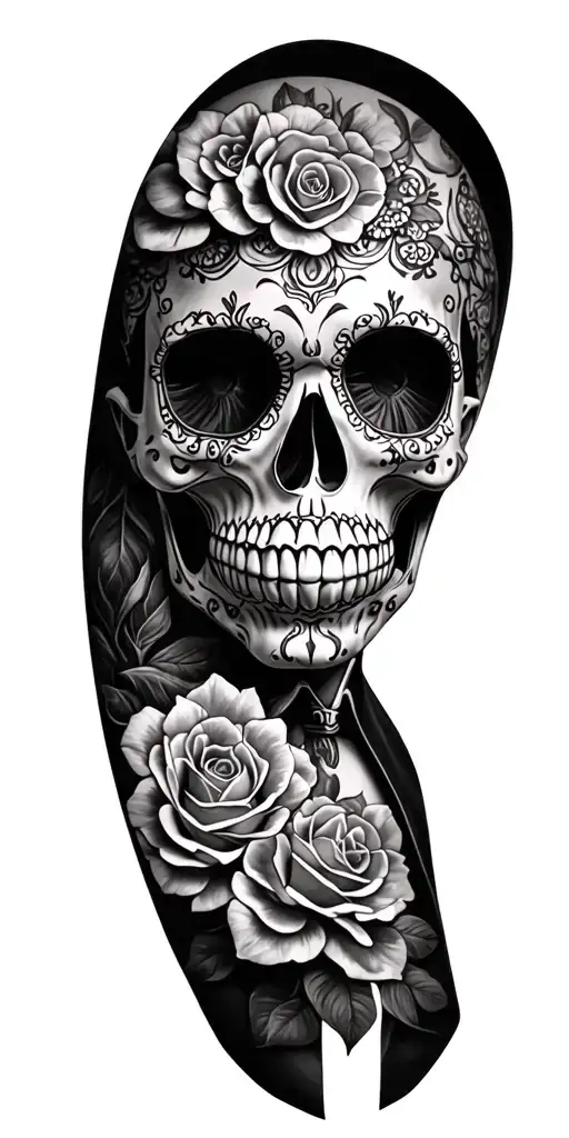 Realism men's sleeve sugar skull tattoo design idea