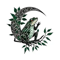 Kambo frog, ayahuasca branch with leaves, waning crescent moon tattoo design idea