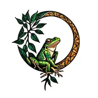 Kambo frog, ayahuasca branch with leaves, waning crescent moon tattoo design idea
