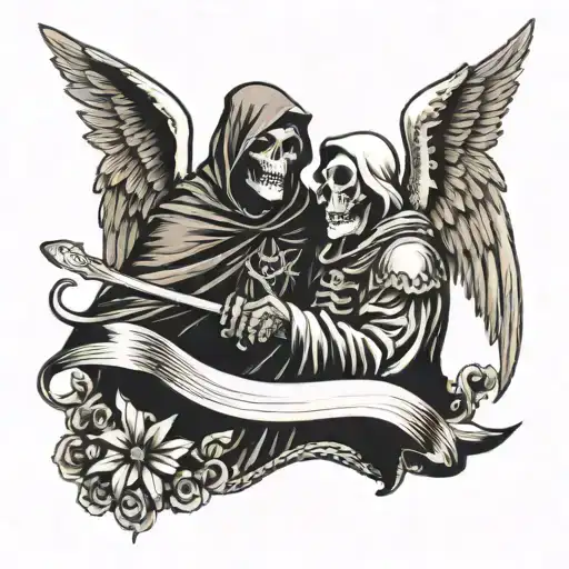 grim reaper and an angel facing eachother with a soul in the middle tattoo design idea