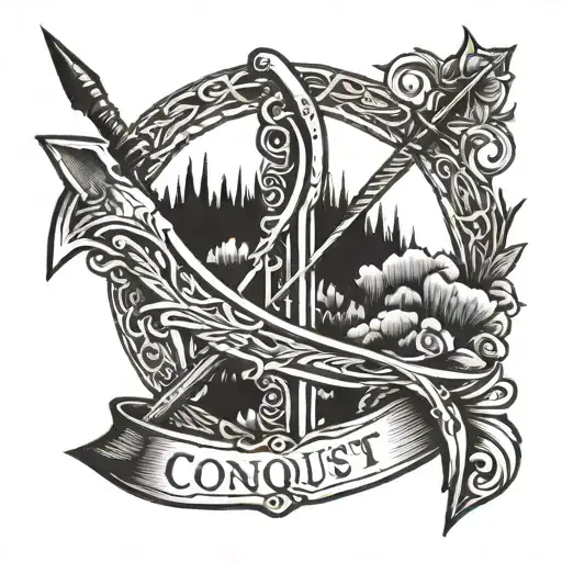 the word "Conquest" but the "c" in the word is a bow and arrow tattoo design idea