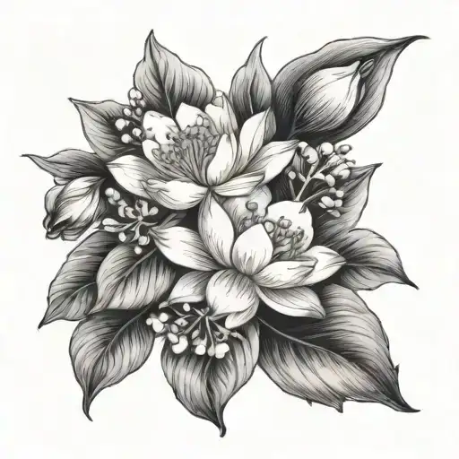 Poppy, snowdrop, lily of the valley, water lily flowers tattoo design idea