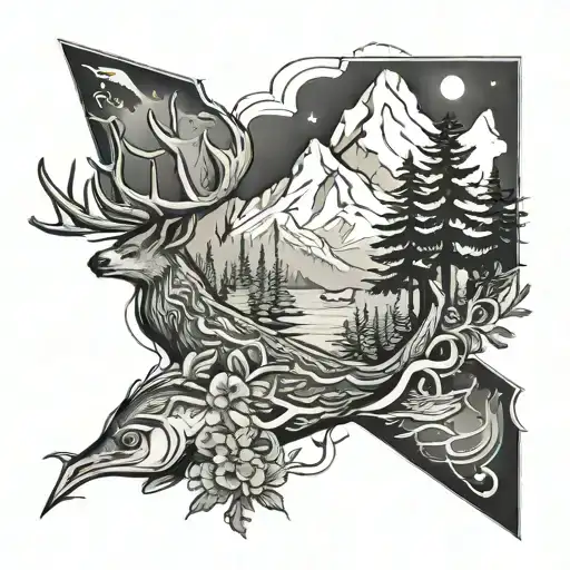 build a tattoo collage that has: an evergreen tree, mountains, deer antler, a fish, the word “true” and maybe the number tattoo design idea