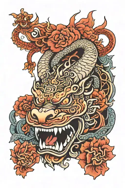 fu dog, dragon,  mandala, lotus flower, oni mask, forearm wrapped tattoo design idea