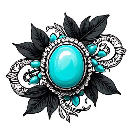 western brooch turquoise dark green leaves and black swirls tattoo design idea