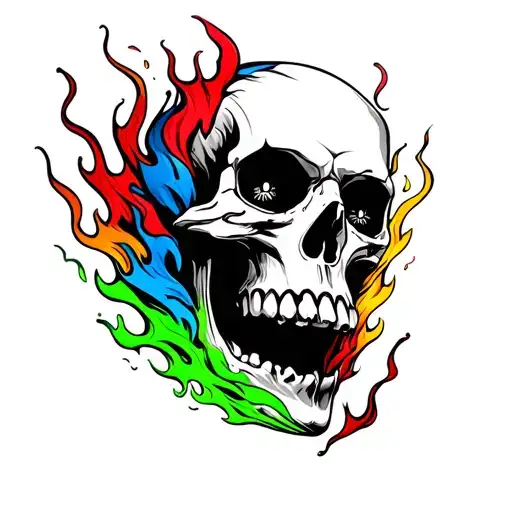 skull with green, blue, and red flames coming out is mouth and eyes tattoo design idea