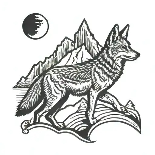 coyote howling at the moon in front of the mountains tattoo design idea