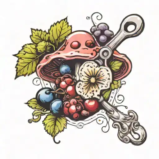 A cooking spoon, an edible mushroom and a bunch of grapes mixed together tattoo design idea
