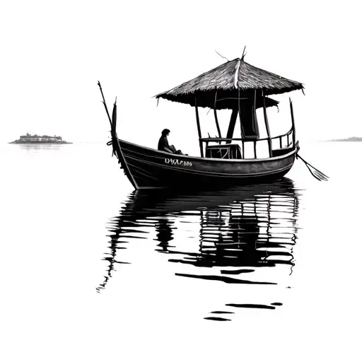 vietnamese fishing boat with a small deck. it in the distance in calm water with no in the background woman sitting in tattoo design idea