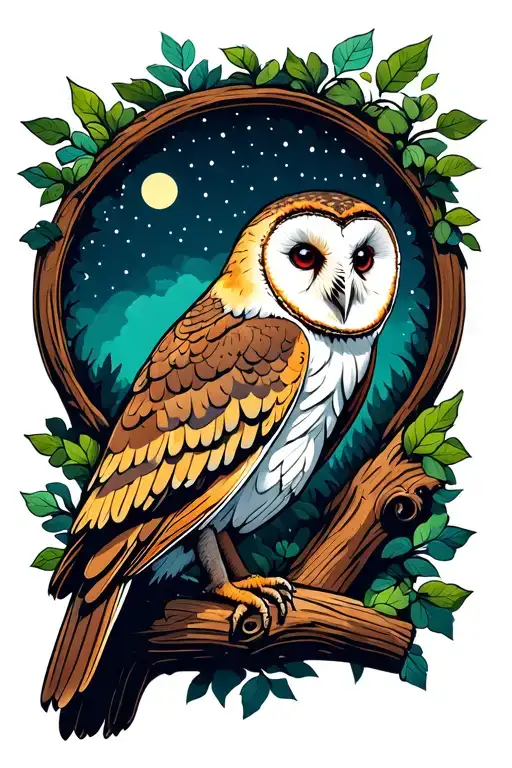 barn owl perched and surrounded by mystical night forest tattoo design idea