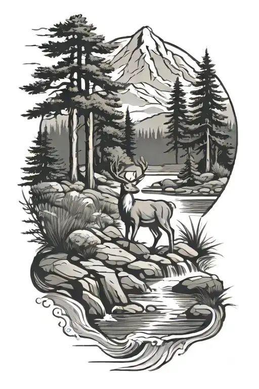 creek runing from a mountain with pine trees and a white tail deer standing in the water  tattoo design idea