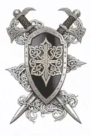 celtic shield with crossed swords behind it tattoo design idea