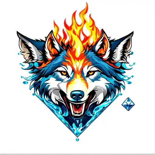 fire and water wolf and diamonds tattoo design idea