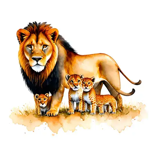 mother lion with her 3 daughter cubs playing tattoo design idea