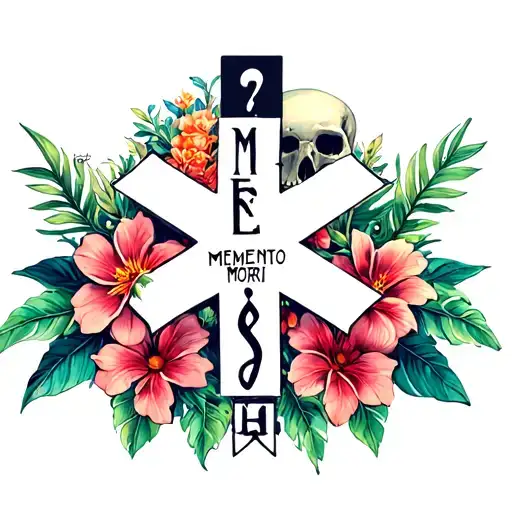 "Memento Mori " EMS star of life surrounded by Hawaiian flowers and leaves with skulls tattoo design idea