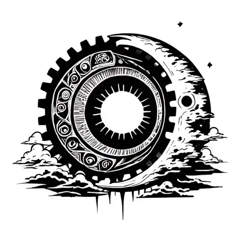 bio mechanical with a gear around a crescent moon with sun inside the circle and clouds at the bottom, eerie tattoo design idea