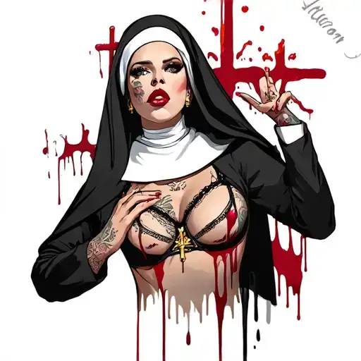 Sexy Nun, huge boobs,, revealing attire, seductive facial expressions, gold cross dripping blood, Lingerie, sexual tattoo design idea
