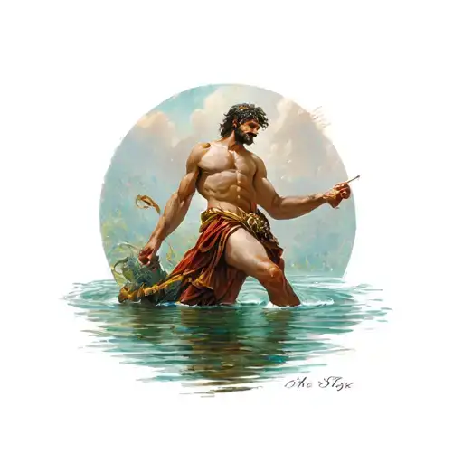 a scene from mythology in which Achilles is soaked by the heel in the river Styx tattoo design idea