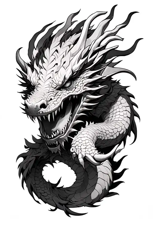 black and white sketch of Eastern Dragon holding a demon head tattoo design idea