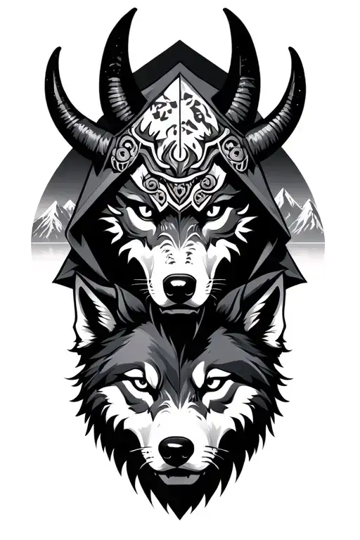 hooded demon oni mask above snow capped mountains, wolf along river, fade from realism to geometric tattoo design idea