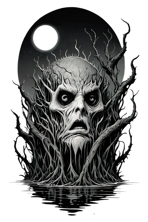 evil swamp with moon tattoo design idea