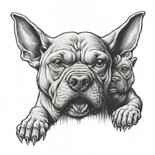 Draw an image for a tattoo of a 3 headed dog representing see no evil, speak no evil, hear no evil.  tattoo design idea