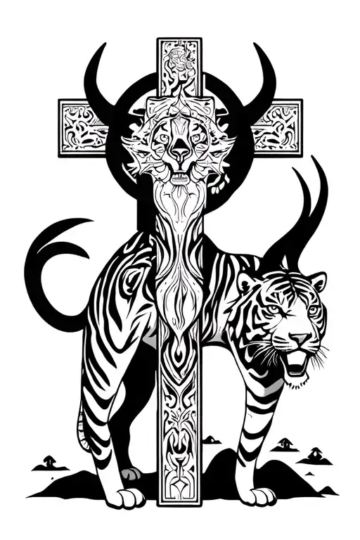 tiger capricorn with crucifix artwork telling story tattoo design idea