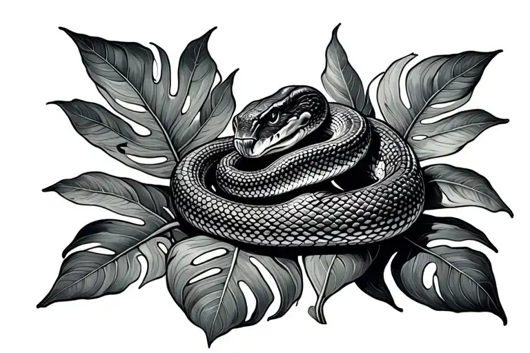 Snake on Monstera Leafs tattoo design idea