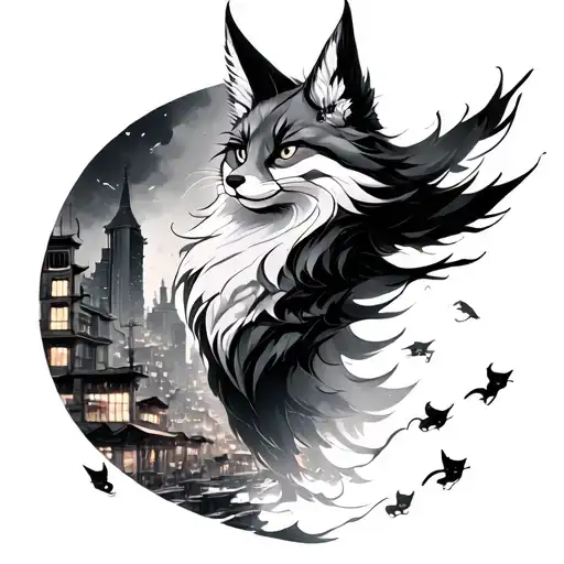 A mystical black and grey depiction of a Japanese fox spirit in a bustling cityscape with hidden cat motifs tattoo design idea