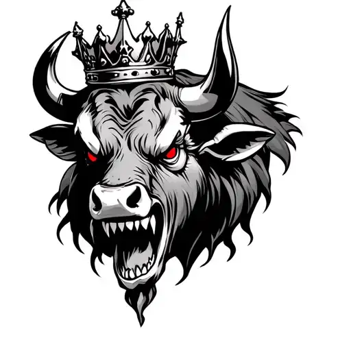 evil bull with scary red eyes showing teeth growling with a kings crown on his head tattoo design idea