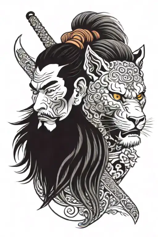 samurai and lion head tattoo design idea