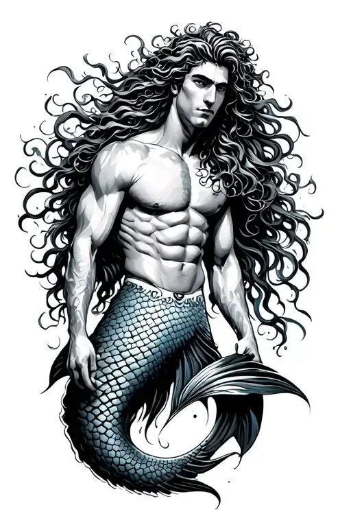 merman muscly flowing hair long fins black and grey masculine tattoo design idea