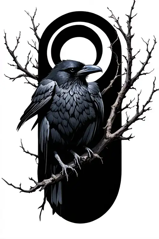 raven, half moon, gothic branches tattoo design idea