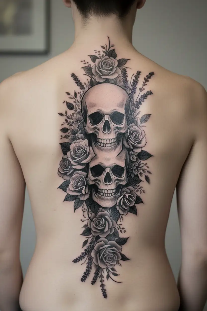 Gothic skull tattoo stencil with roses, orchids, and lavender, black and graywash  tattoo design idea